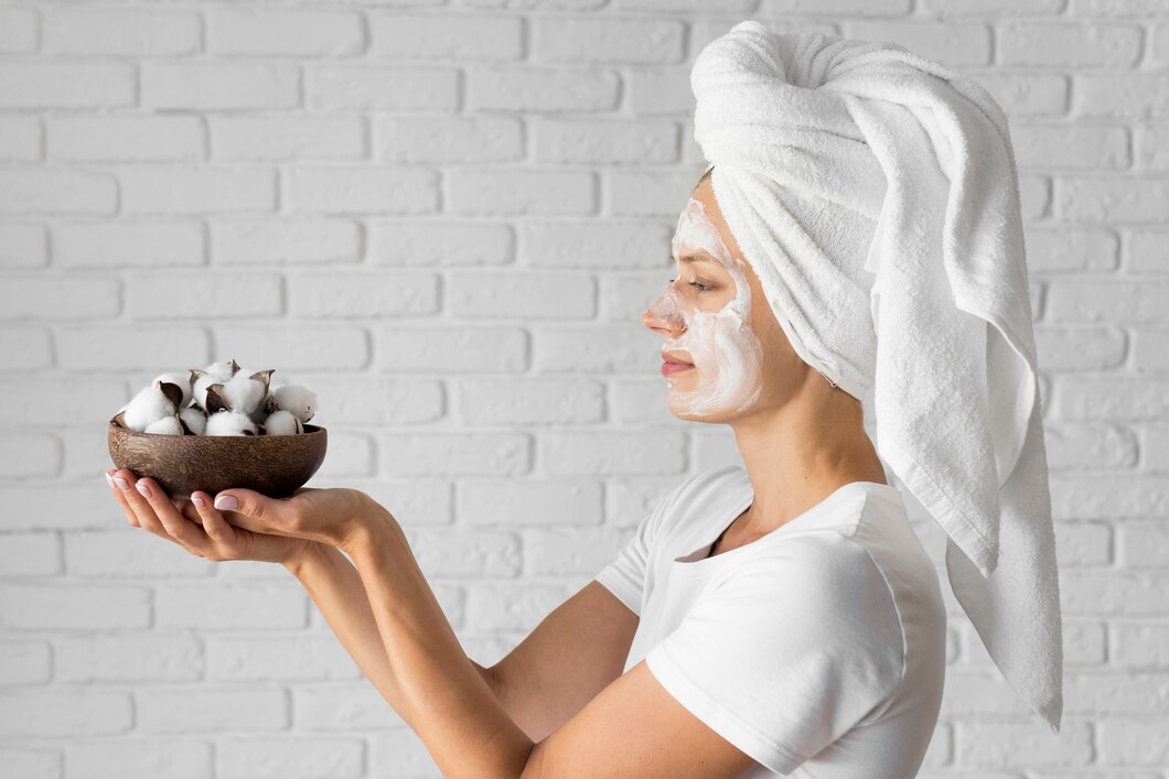 Donna applica maschera naturale per il viso con ingredienti biologici